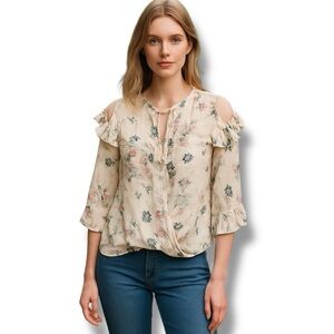 Maven West by Gwen Berlin Women’s Wrap Front Cold Shoulder Blouse Cream Floral S